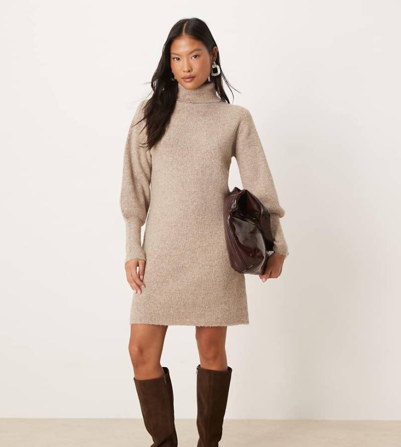 VILA Petite - Mini-Strickkleid in meliertem Naturton mit Ballonärmeln-Rosa von Vila Petite