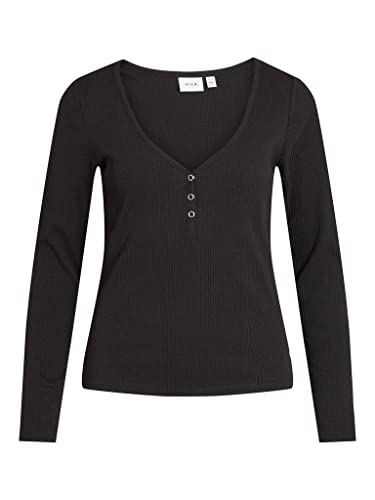 Vila Damen Vibalu V-neck L/S Rib Top - Noos Langarmshirt, Schwarz, XS EU von Vila