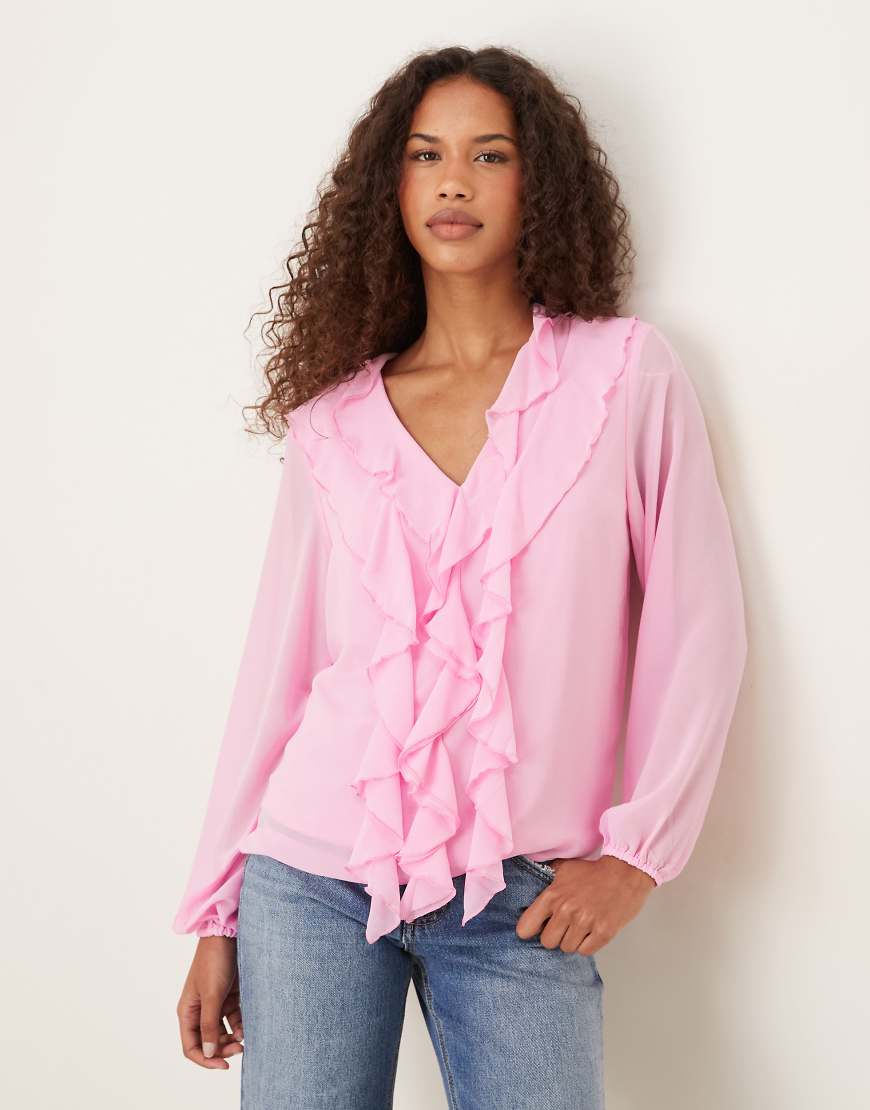 VILA - Bluse aus Webstoff in Rosa mit Rüschenborte von Vila