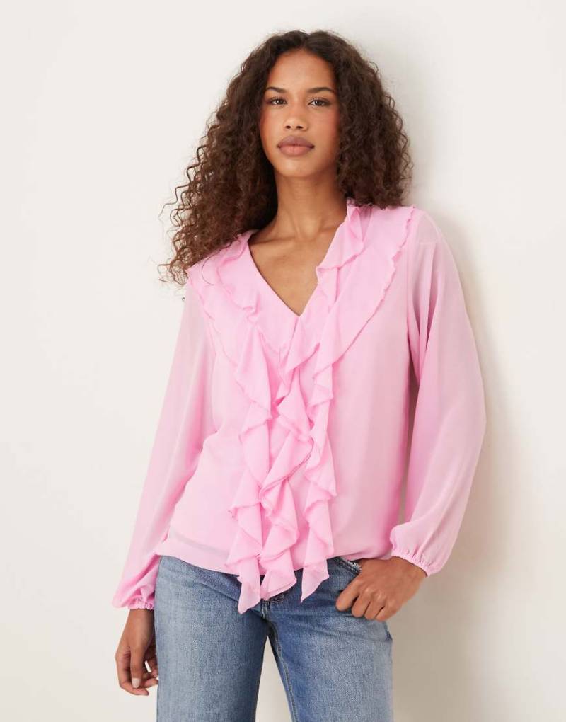 VILA - Bluse aus Webstoff in Rosa mit Rüschenborte von Vila