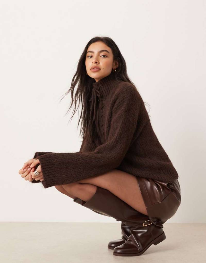 VILA - Chenielle - Hochwertiger Pullover in Schokobraun mit Stehkragen und Bindedetail-Brown von Vila