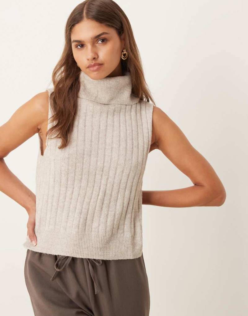 VILA - Geripptes, ärmelloses, hochgeschlossenes Trägertop aus Strick in melierter Naturfarbe-Neutral von Vila