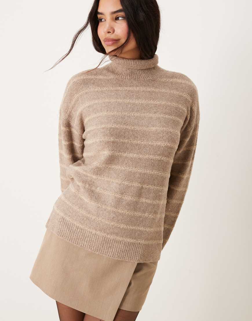 VILA - Hochgeschlossener, strukturierter Strickpullover in Beige mit farblich abgestimmten Streifen-Neutral von Vila