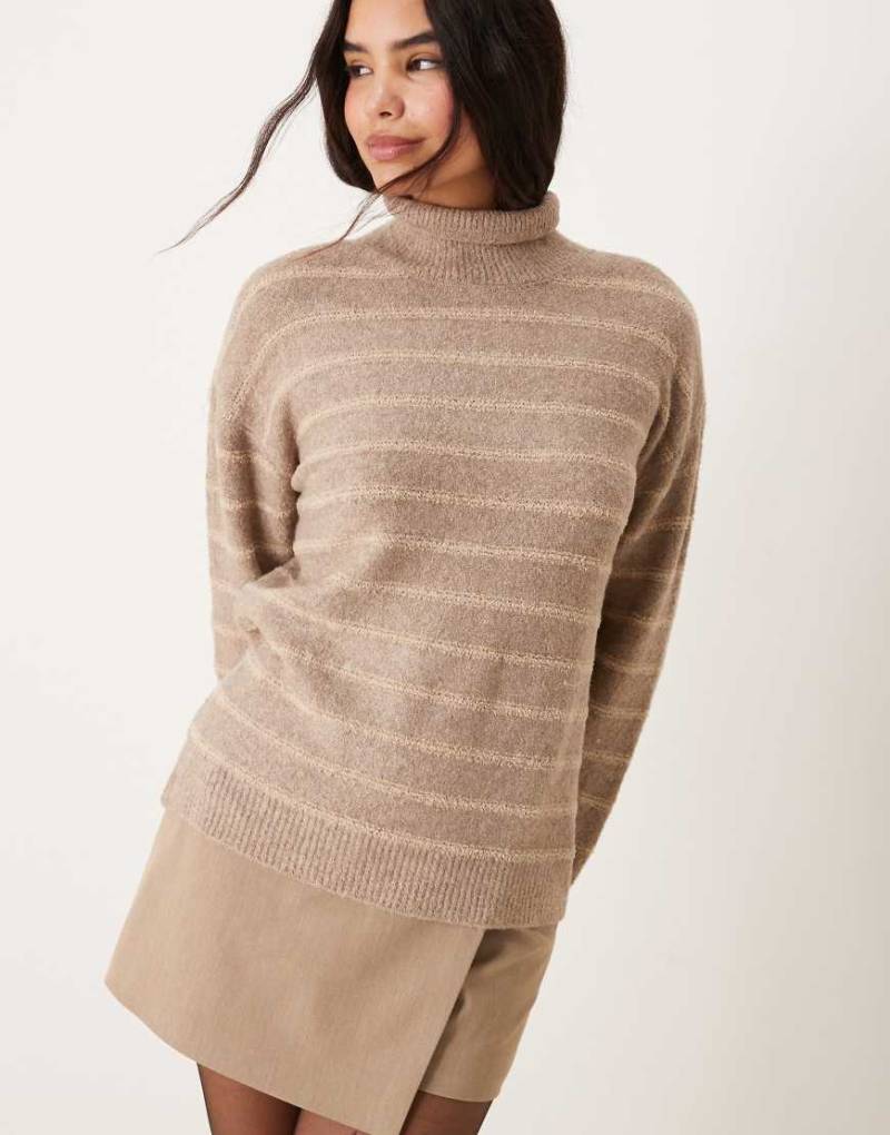 VILA - Hochgeschlossener, strukturierter Strickpullover in Beige mit farblich abgestimmten Streifen-Neutral von Vila