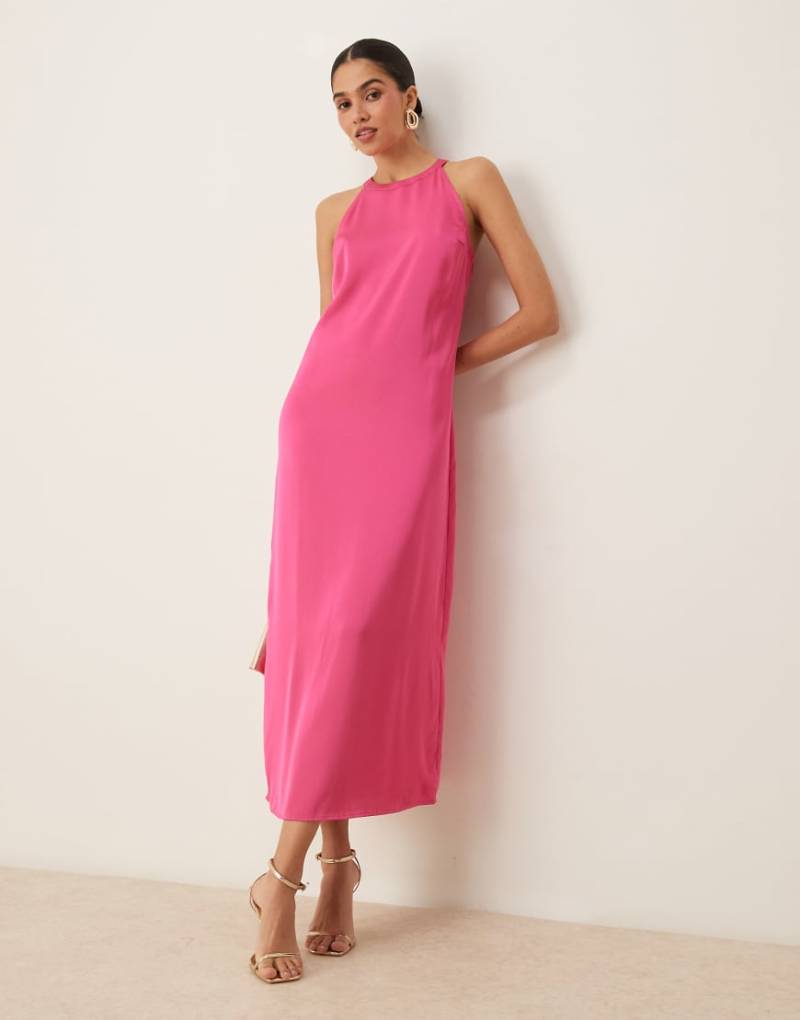 VILA - Hochgeschlossenes Satin-Maxikleid in Himbeerrosa von Vila