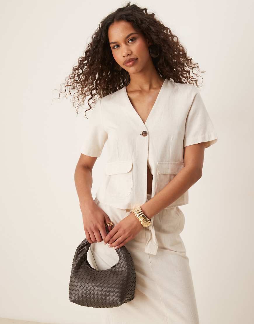 VILA - Kurzärmliges Oberteil in meliertem Cremeweiß mit Leinenanteil und Knopfleiste, Kombiteil-Neutral von Vila