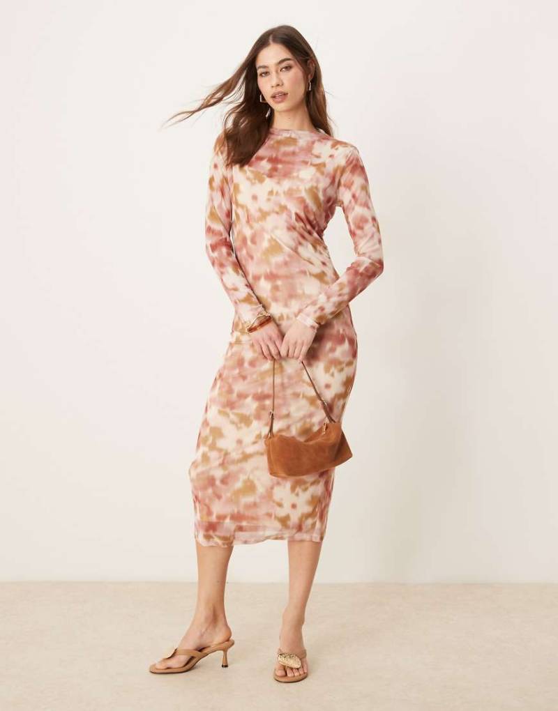 VILA - Langärmliges Midikleid aus Netzstoff in Birkenweiß mit verwischtem Muster-Bunt von Vila