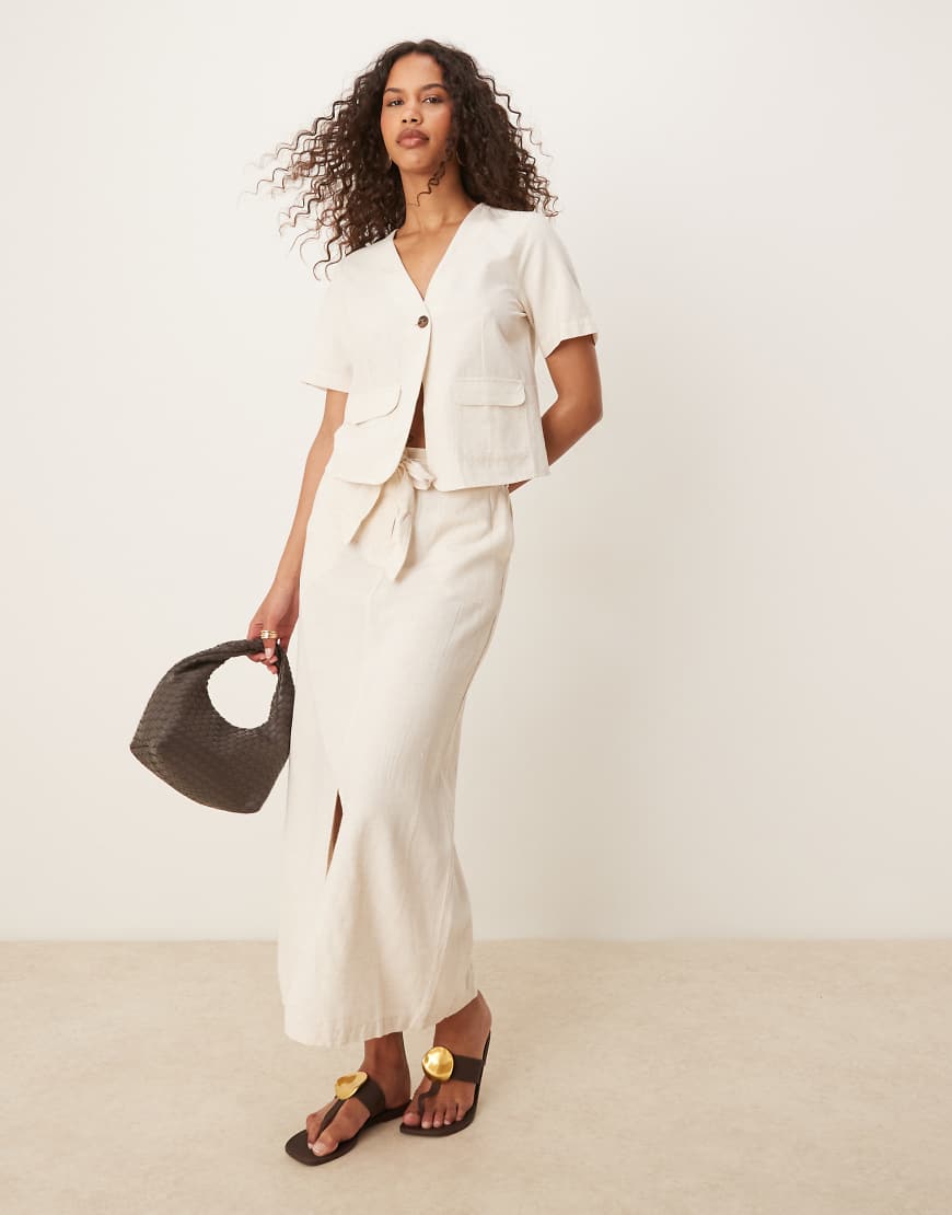 VILA - Maxirock in cremeweiß meliert mit Leinenanteil, hohem Bund und Schlitz auf der Vorderseite, Kombiteil-Neutral von Vila