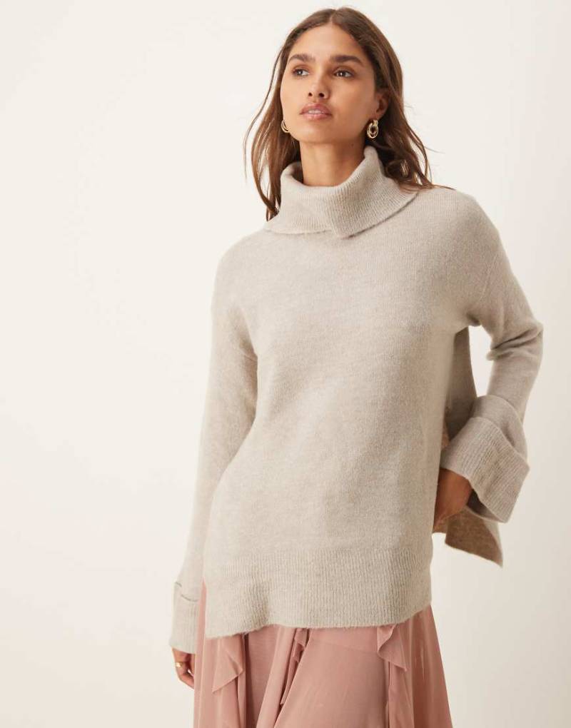 VILA - Oversize-Pullover in melierter Naturfarbe mit Rollkragen und Umschlagbündchen-Neutral von Vila