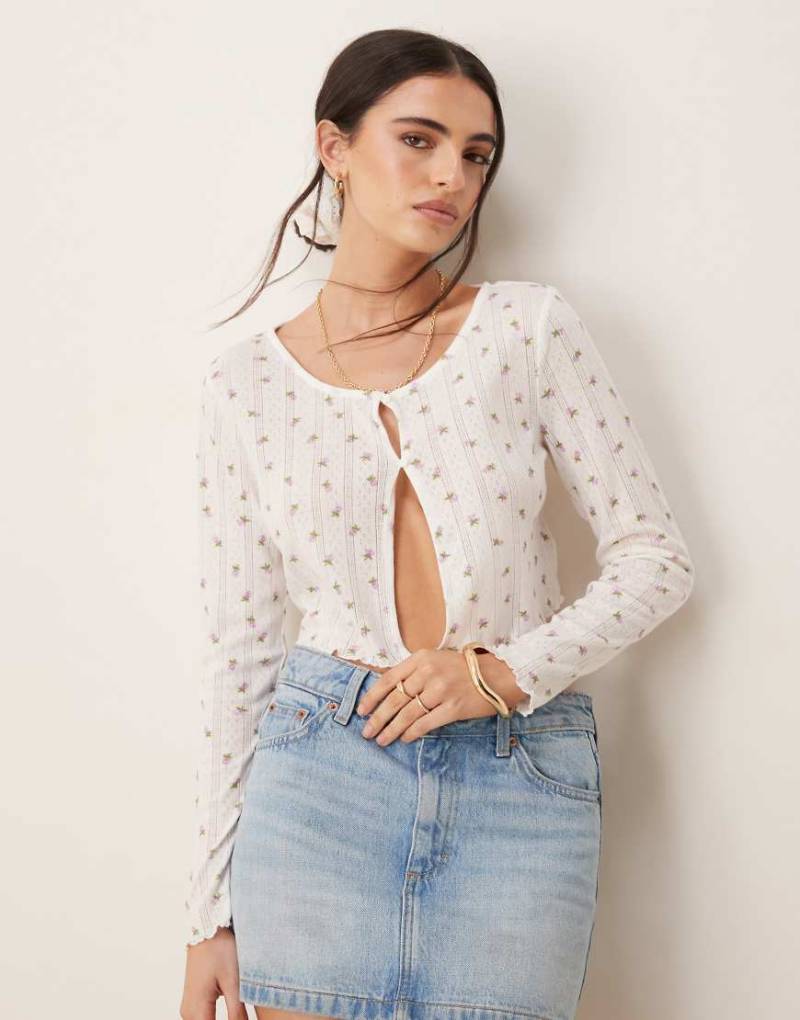 VILA - Strickjacke aus Pointelle in Rosa geblümt mit Knopfleiste vorne-Weiß von Vila