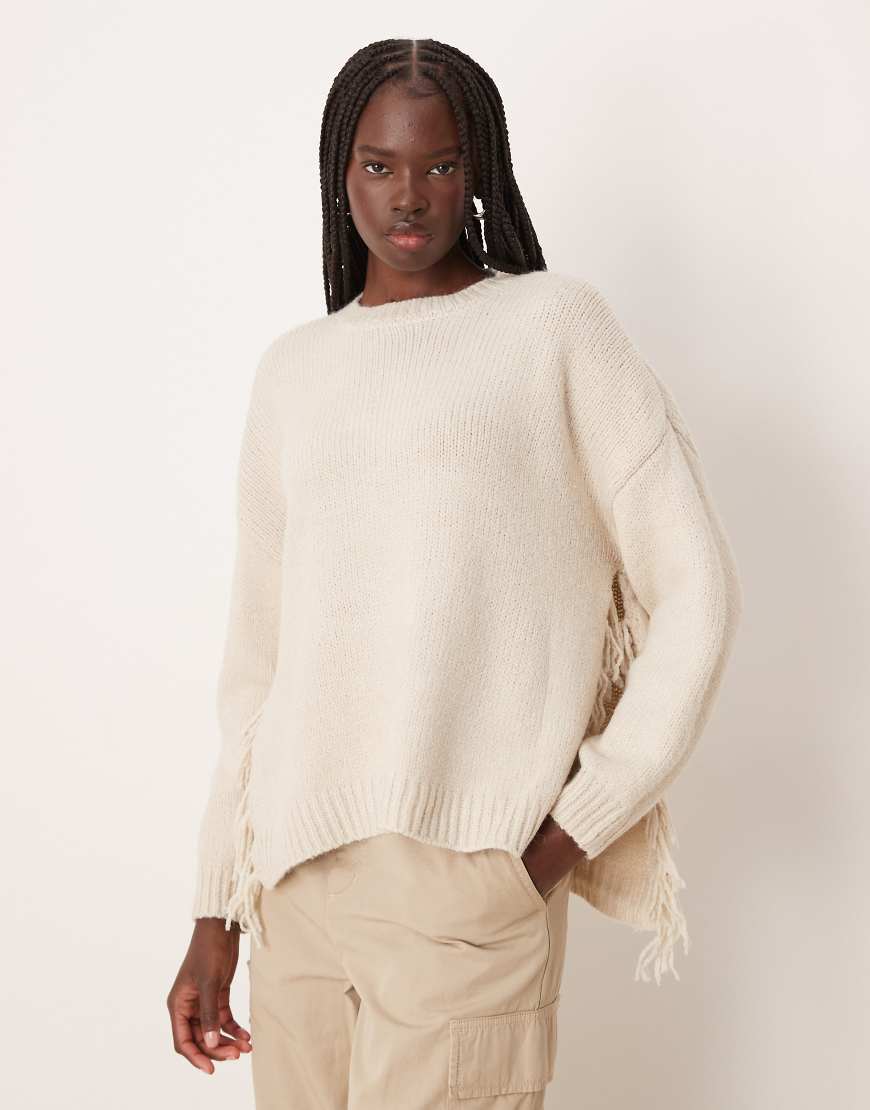 VILA - Strickpullover in Creme mit Fransen-Weiß von Vila