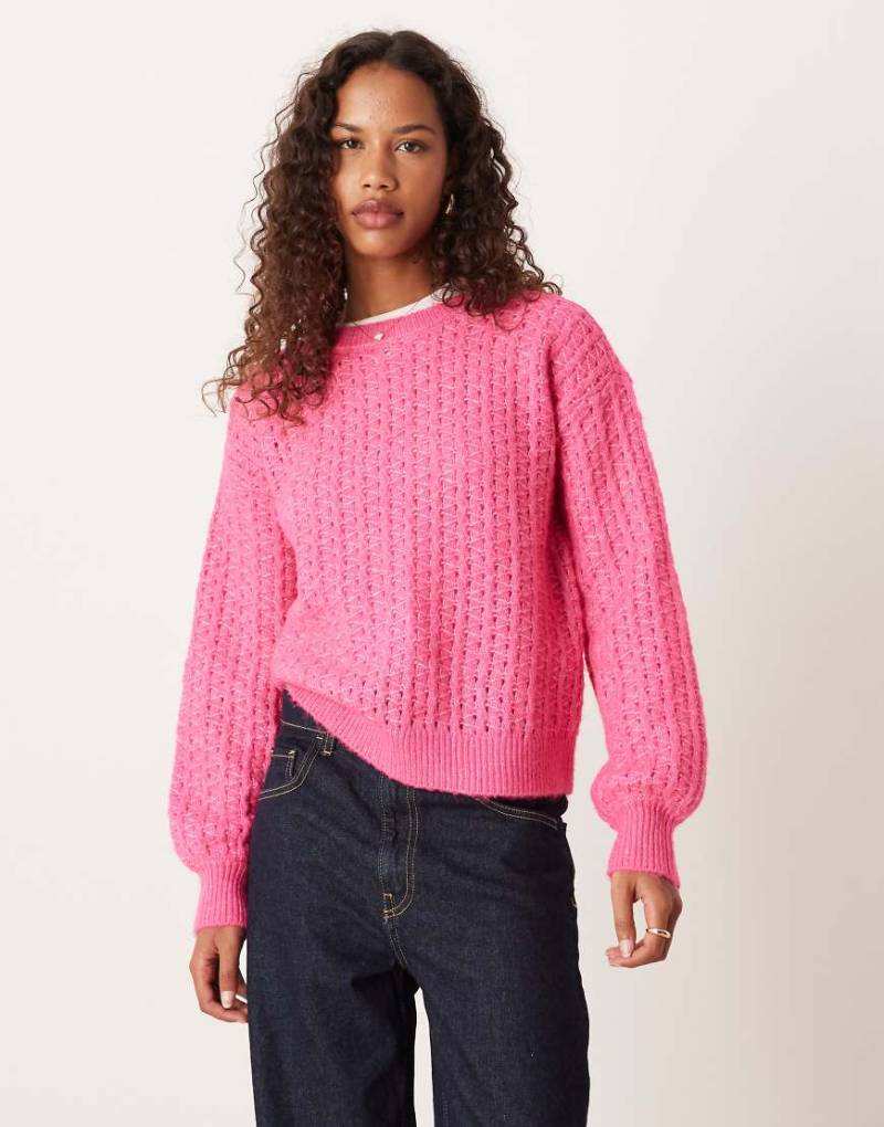 VILA - Strickpullover in leuchtendem Pink mit diagonalem Muster-Rosa von Vila