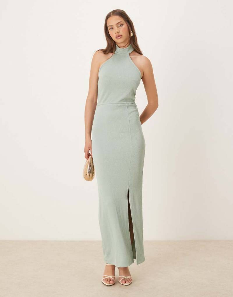 VILA - Strukturiertes Jersey-Maxikleid in Staubgrün mit Neckholder von Vila