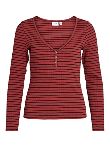 VILA Women's VIBALU V-Neck L/S Rib TOP-NOOS Langarmshirt, Fired Brick/Stripes:Black, XS von Vila