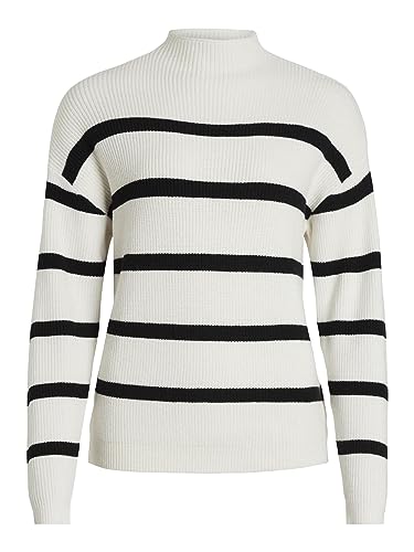 Vila Damen Viril Mockneck L/S Knit Rib Top 2- Noos Strickpullover, White Alyssum/Stripes:Black,L von Vila