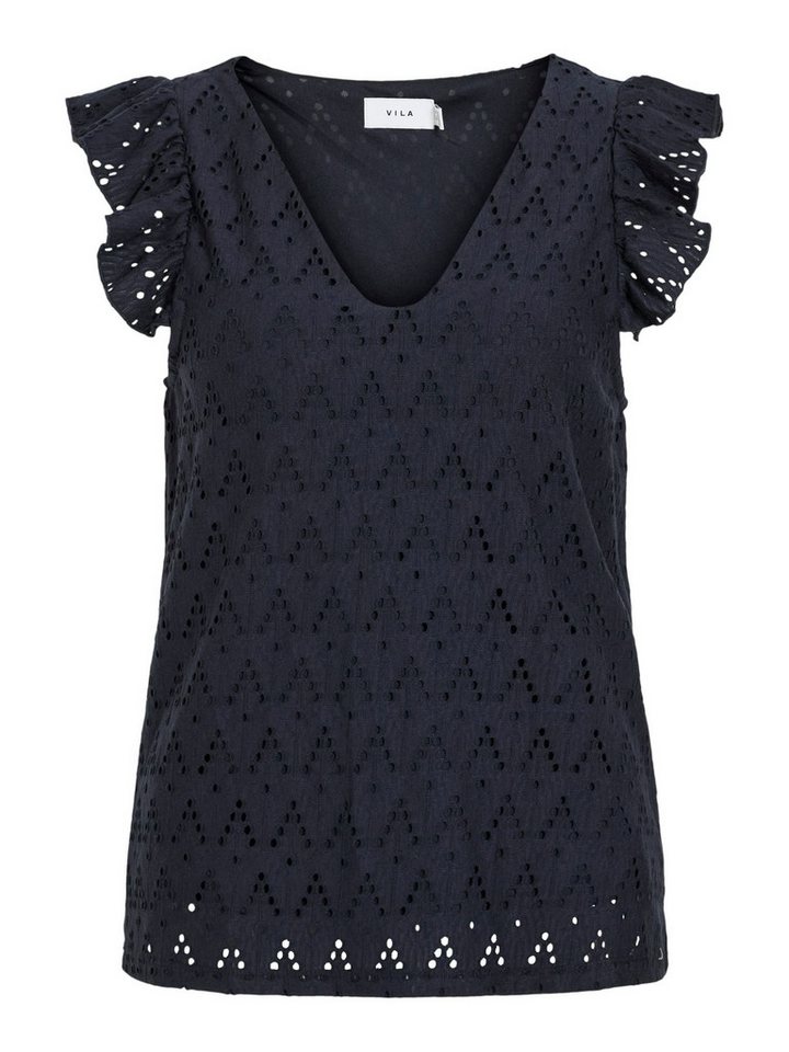 Vila Blusenshirt V-Ausschnitt mit Lochmuster und Rüschenärmeln Blickdicht VIAMALINA V-NECK C/S TOP/PB von Vila