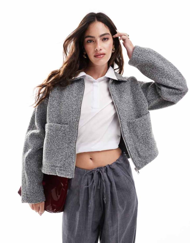 Vila - Bomberjacke in mittelgrau melierter Wolloptik mit Reißverschluss vorne von Vila