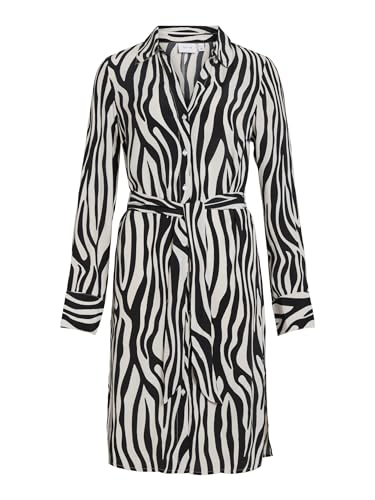 Vila Damen Mini Blusen Kleid Langarm Tunika Dress Knielang Animal Print mit Knopfleiste VIFINI, Farben:Beige-Schwarz, Größe:34 von Vila