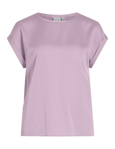 Vila Damen Satin Blusen T-Shirt Kurzarm Basic Rundhals Top Glänzend Tunika Blouse Oberteil VIELLETTE, Farben:Rosa, Größe:42 von Vila