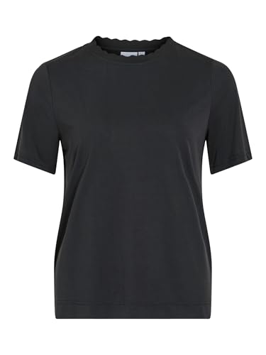 Vila Damen T-Shirt mit Rundhals, Basic-Design Oberteil Kurzarm Wellensaum, Farben:Schwarz, Größe:L von Vila