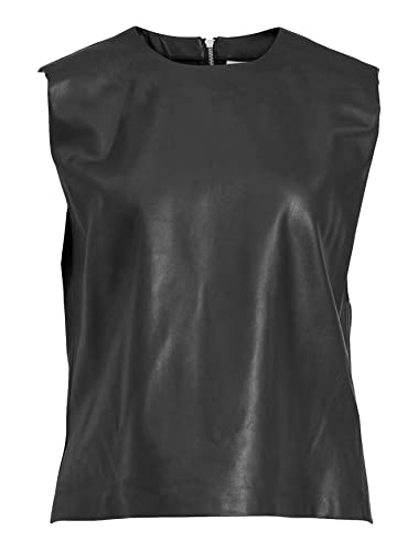 Vila Damen Top Coated PU Kunstleder Ärmelloses T-Shirt Glänzend Rundhals Blusen Oberteil VIODINE, Farben:Schwarz, Größe:38 von Vila