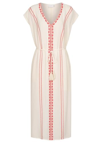 Vila Damen V-Neck Midi Viskose Kleid mit Häkelbordüre & Bindegürtel Birch beige rot von Vila