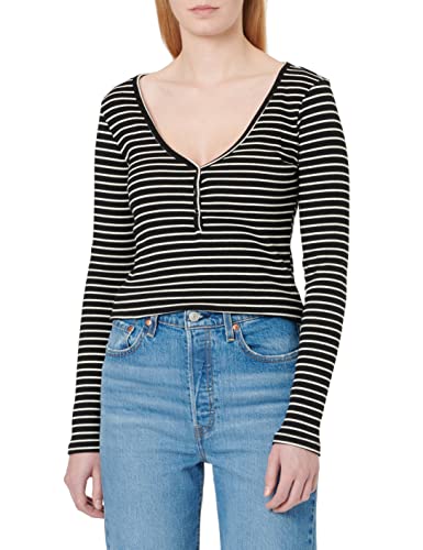 Vila Damen Vibalu V-neck L/S Rib Top - Noos Langarmshirt, Black/Stripes:optical Snow, XL EU von Vila