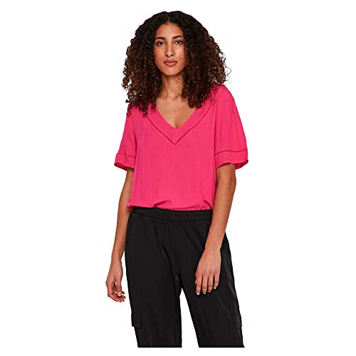 Vila Damen Vimesa Detail V-Neck S/S Top/Su Noos T-Shirt, Pink Yarrow, 34 EU von Vila