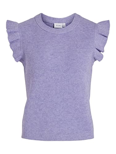 Vila Damen Viril O-neck Flounce Knit Vest - Noos Strickshirt, Sweet Lavender/Detail:melange, L EU von Vila