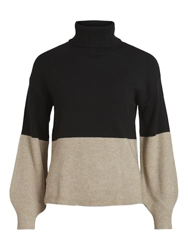 Vila Damen Viril Blocking Roll-nk L/S Knit Top-noos Strickpullover 14084235,Black/Detail:Natural Melange Rib,M von Vila