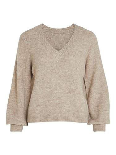 Vila Damen Vijamina Rev V-Neck L/S Knit Top - Noos Strickpullover, Natural Melange, M EU von Vila