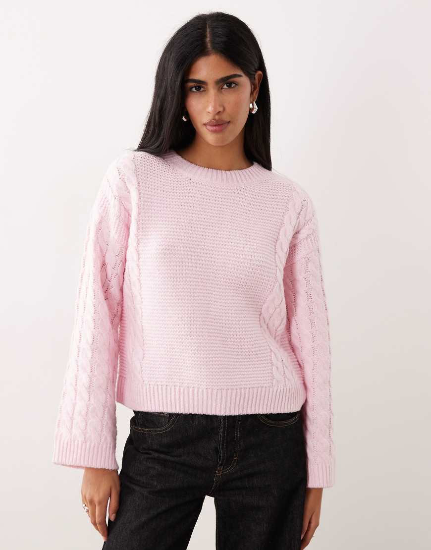 Vila - Grobmaschiger Zopfstrickpullover in Hellrosa-Rot von Vila