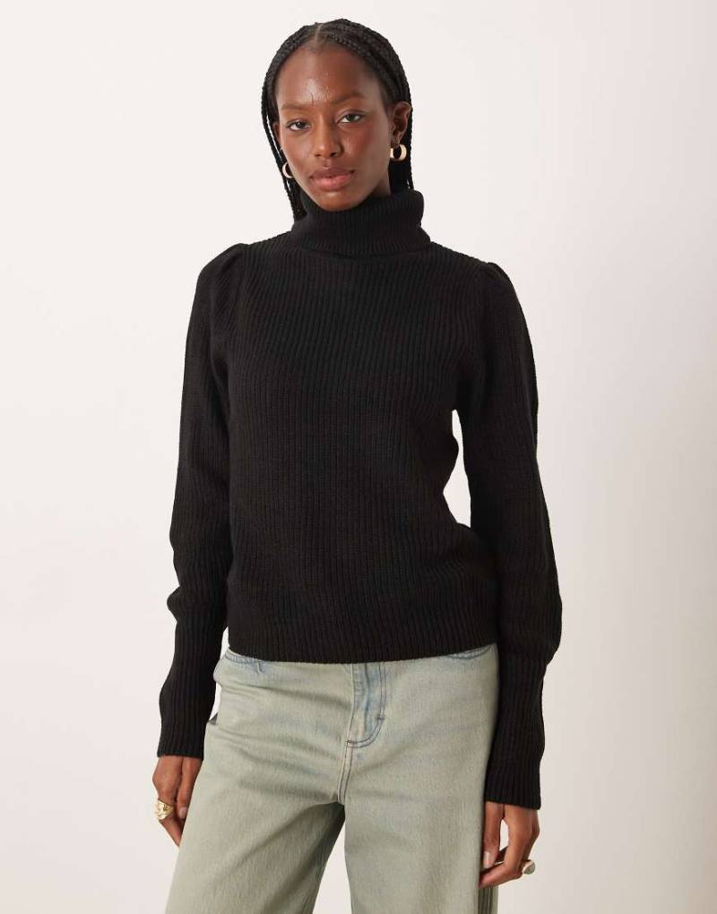 Vila - Hochgeschlossener Strickpullover in Schwarz mit Ärmeldetails von Vila