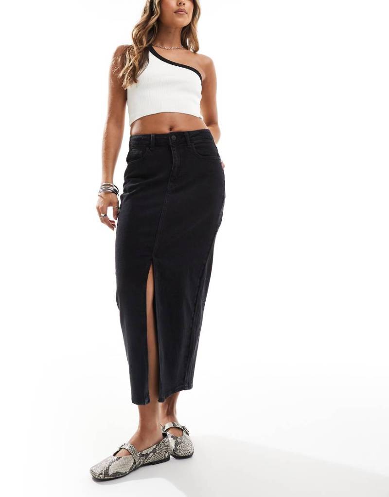 Vila - Jeans-Midirock in verwaschenem Schwarz mit hoher Taille und Schlitz vorn von Vila