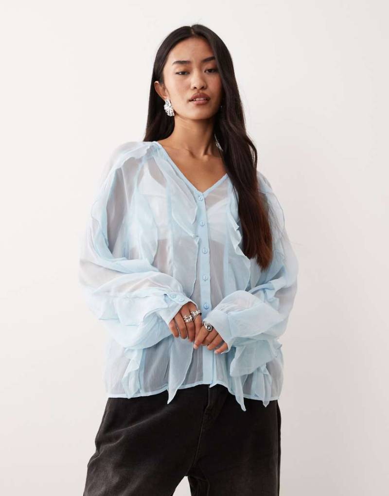 Vila - Langärmlige Bluse in Hellblau mit Rüschen und Boho-Optik von Vila