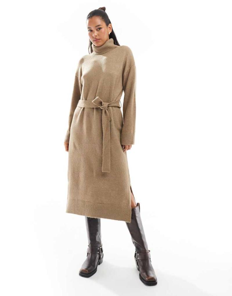 Vila - Maxi-Strickkleid in Neutral mit Rollkragen und Taillenschnürung von Vila