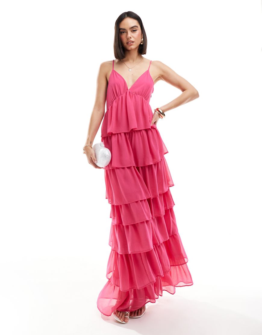 Vila - Maxi-Trägerkleid in leuchtendem Rosa mit gestuftem Rüschen-Design von Vila
