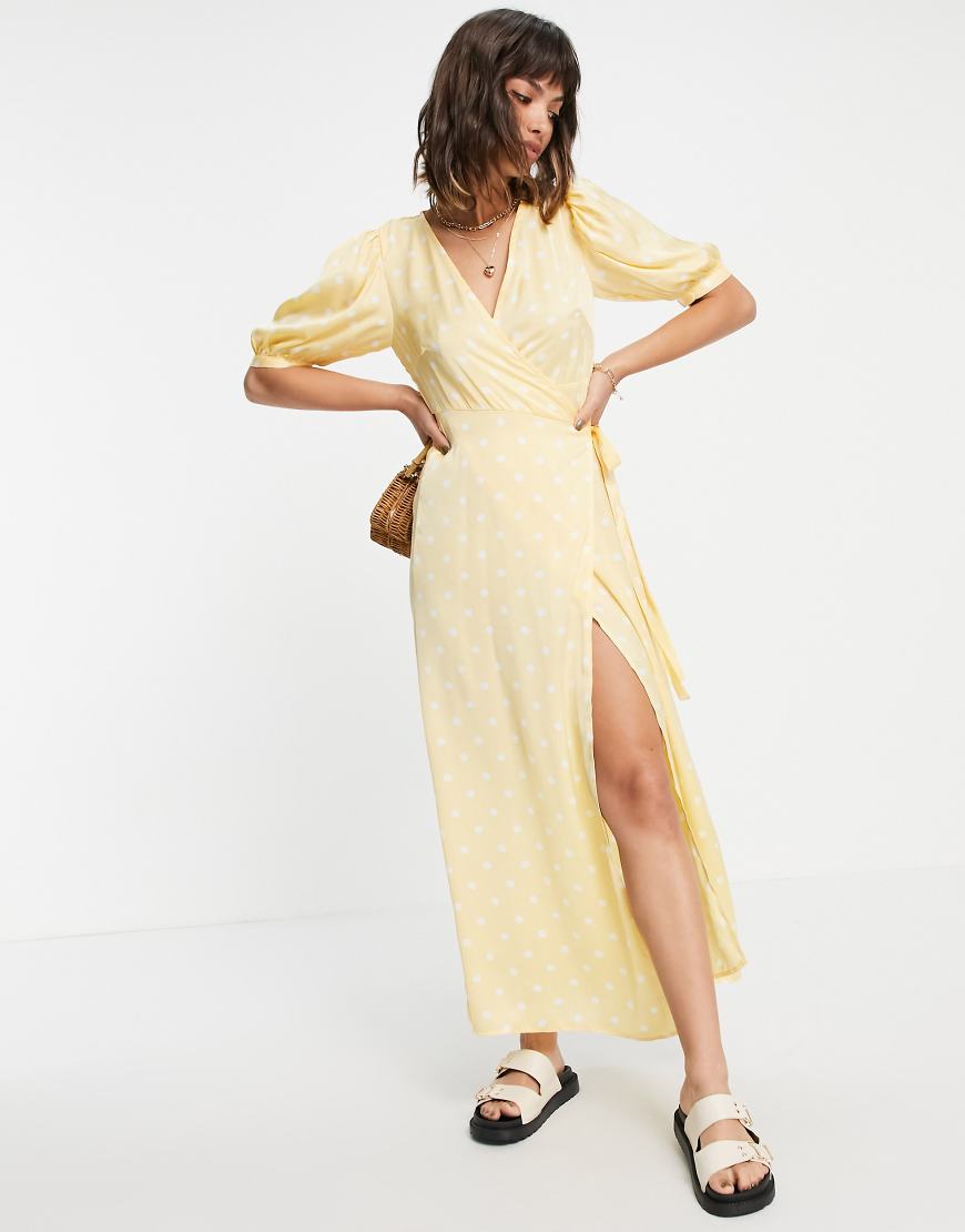 Vila - Midi-Wickelkleid in Gelb mit weißen Punkten-Mehrfarbig von Vila