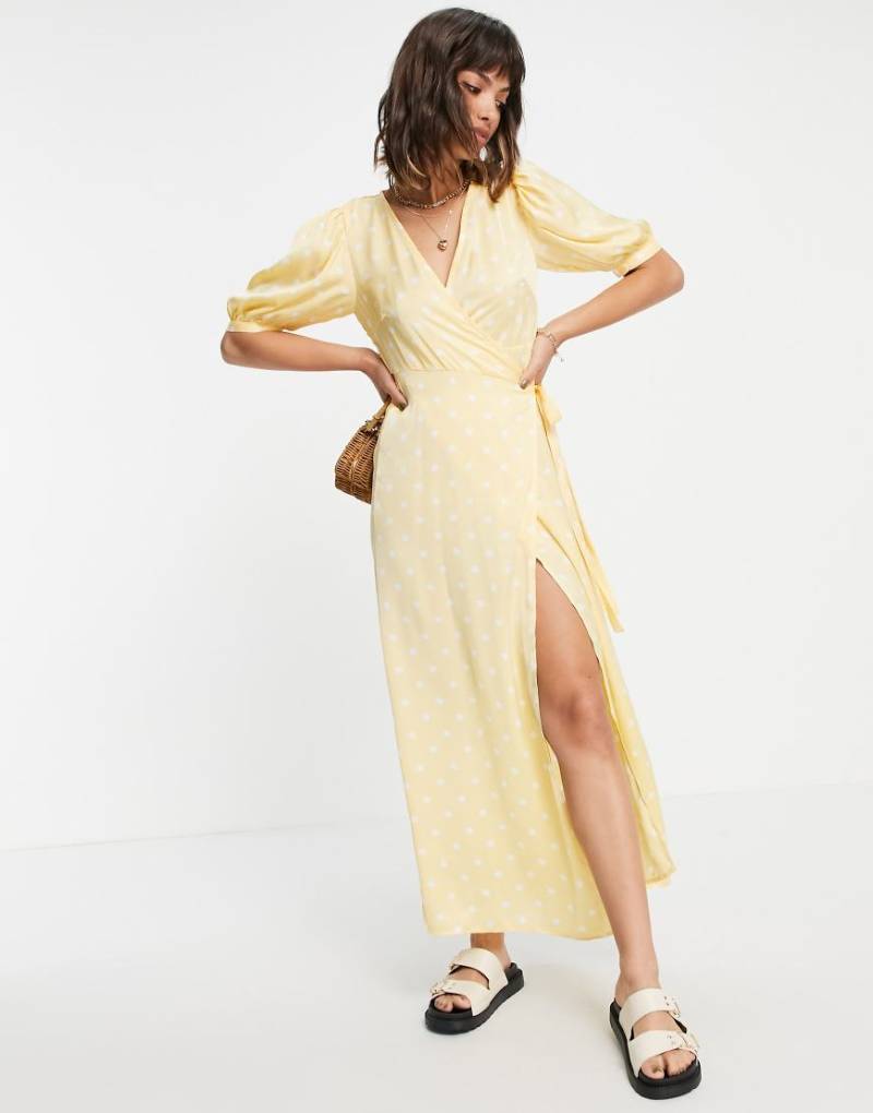 Vila - Midi-Wickelkleid in Gelb mit weißen Punkten-Mehrfarbig von Vila
