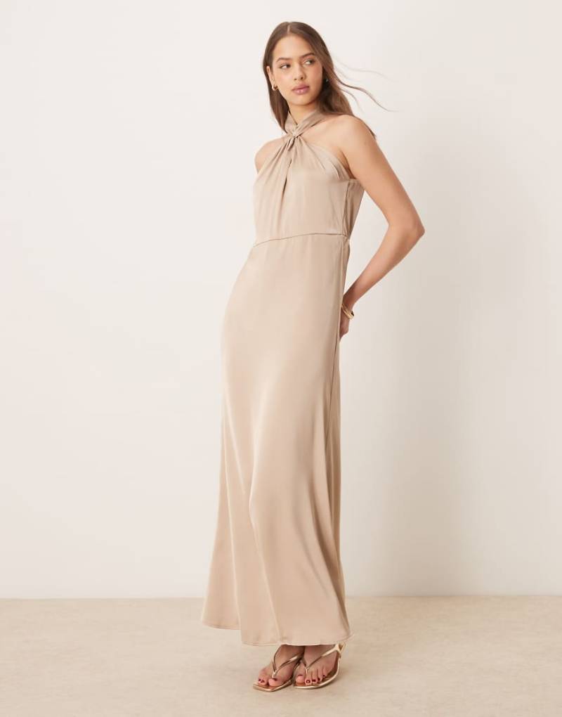 Vila - Neckholder-Kleid aus Satin in Beige mit verdrehtem Design in Midilänge-Neutral von Vila