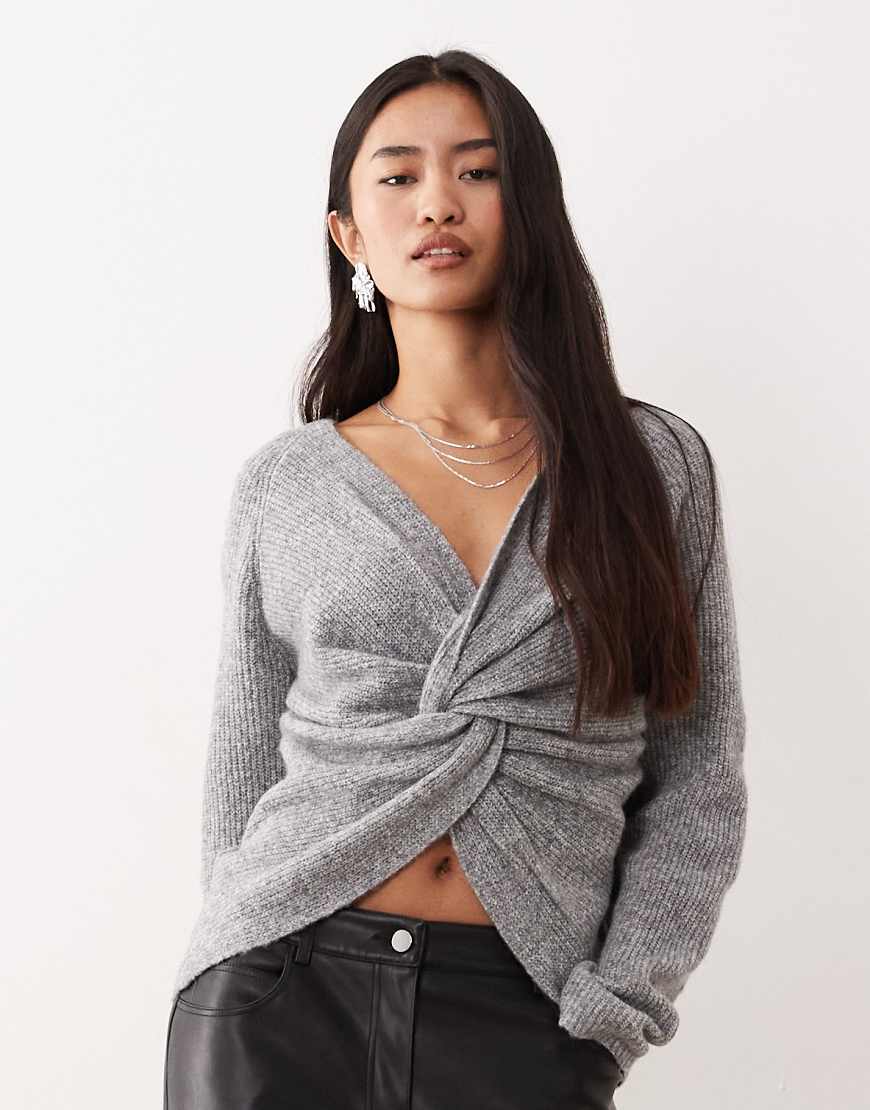 Vila - Pullover in Mittelgrau meliert mit überkreuzter Vorderseite und Wende-Design von Vila