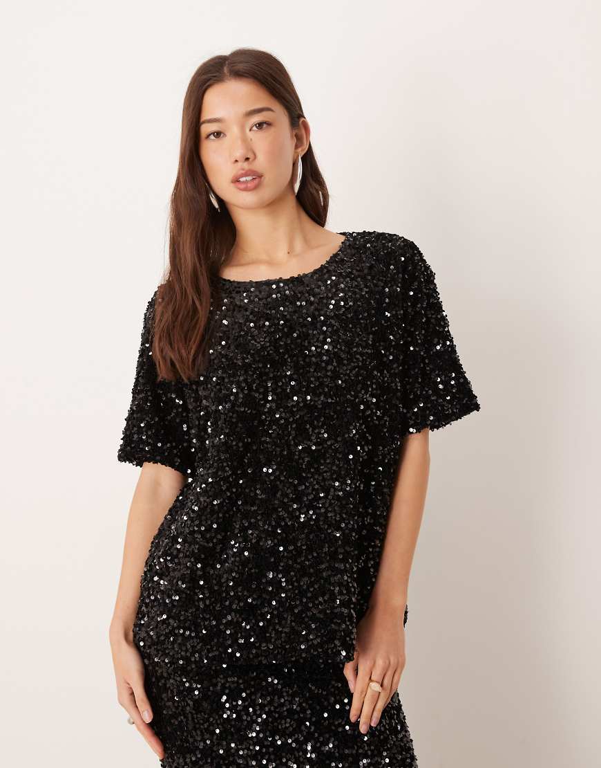 Vila - T-Shirt aus Velours in Schwarz mit Pailletten von Vila