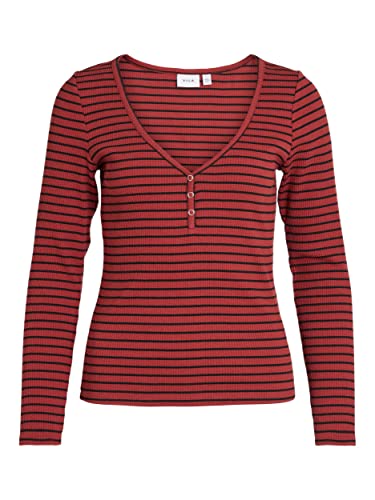 Vila Damen Vibalu V-neck L/S Rib Top - Noos Langarmshirt, Fired Brick/Stripes:black, XL EU von Vila