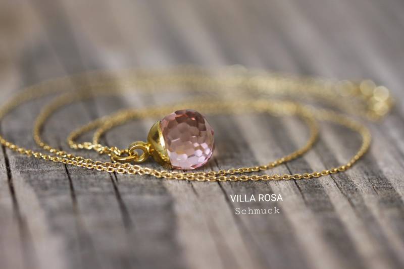 Goldkette 45cm Sterling 925 Silber Gelbgold Vergoldet Goldschmuck Kristallperle Handgemacht Halskette Perlenschmuck Roselachsfarben Zart von VillaRosaSchmuck