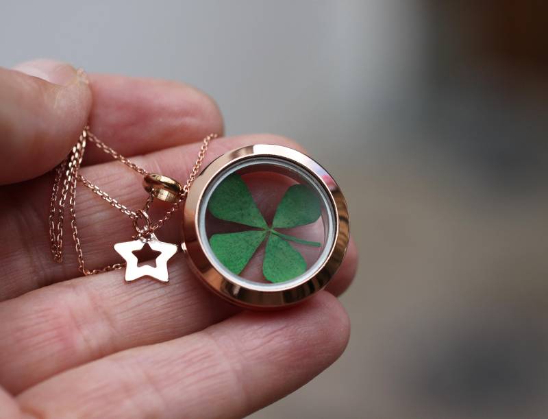 Kleeblatt Medaillon Glücksbringer Echtes Vierblättriges Kette 925 Silber Rotgold Vergoldet Geschenk Rosegold Schmuck Glück von VillaRosaSchmuck