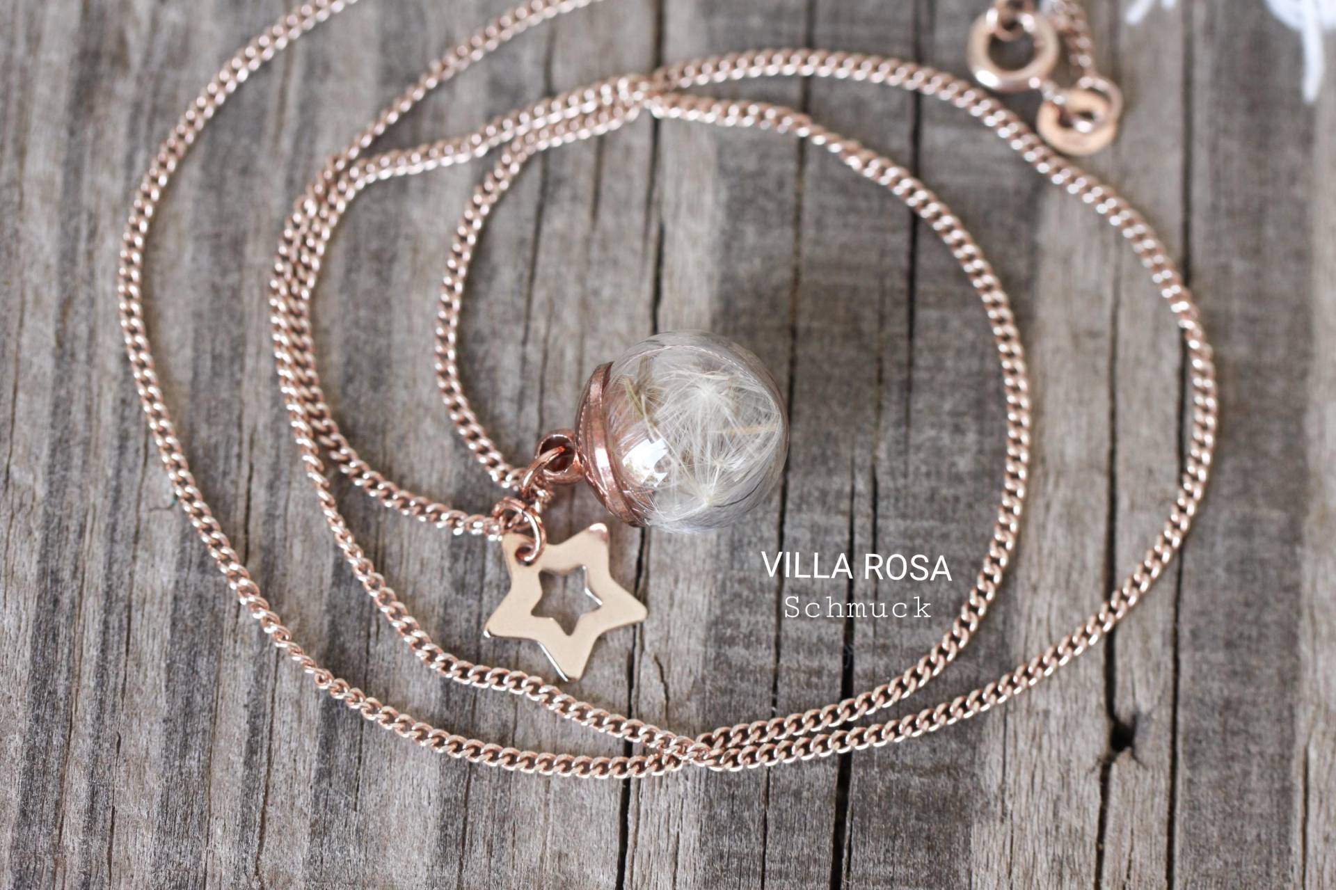 Mini Pusteblumen Kette 12mm Rosegold Damenkette Glücksbringer Handgemachter Schmuck 925 Silber Vergoldet 24K Zart & Edel von VillaRosaSchmuck