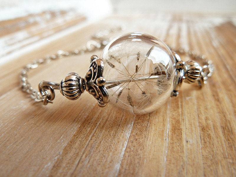 Pusteblumen Armband Kettchen 925 Versilbert Glaskugelschmuck Blütenschmuck Glücksbringer Wish von VillaRosaSchmuck