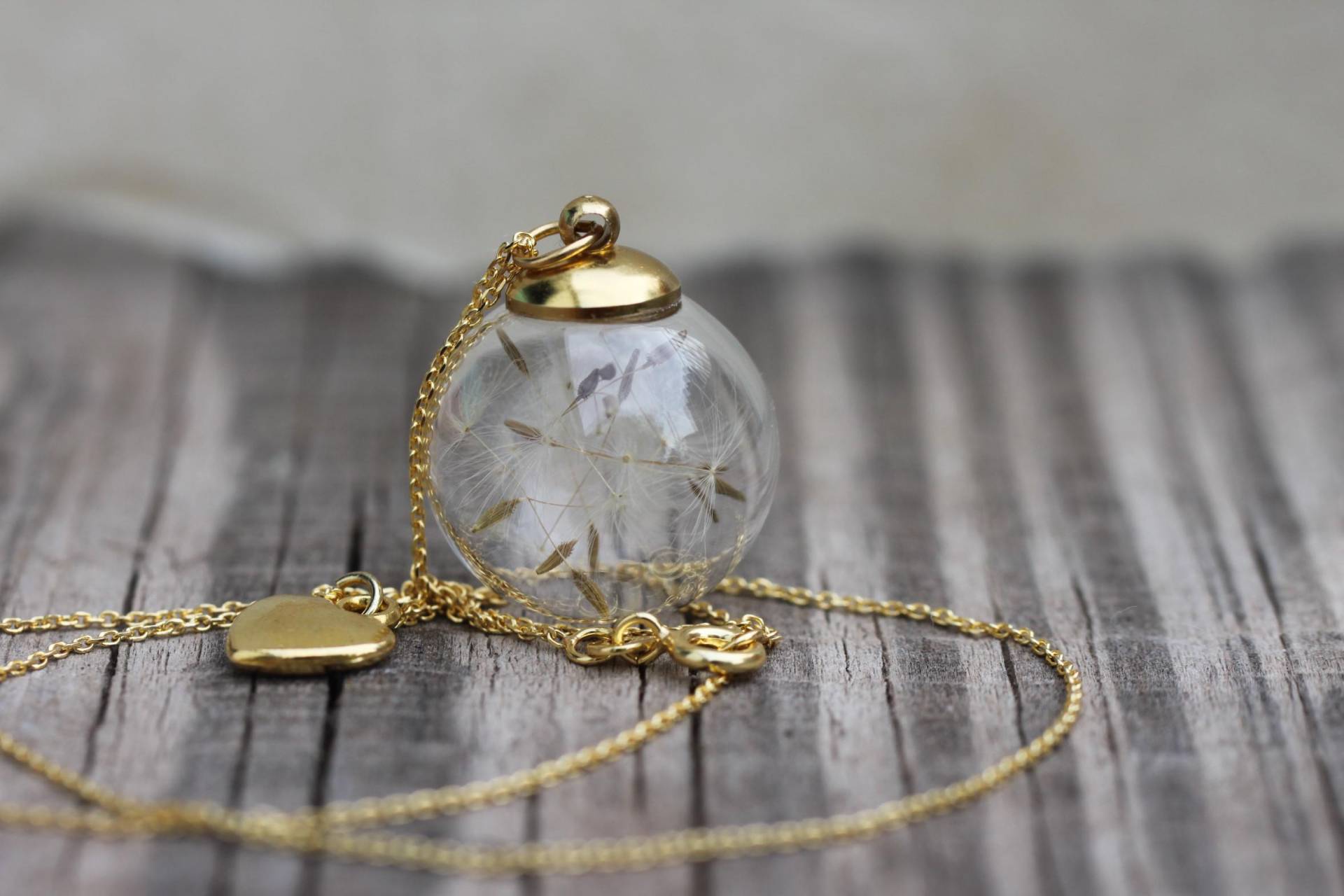 Pusteblumen Kette 925 Sterling Silber Vergoldet Blütenschmuck Glaskugel Schmuck Goldkette Dandelion Necklace Gold Jewellery Glass Ball von VillaRosaSchmuck