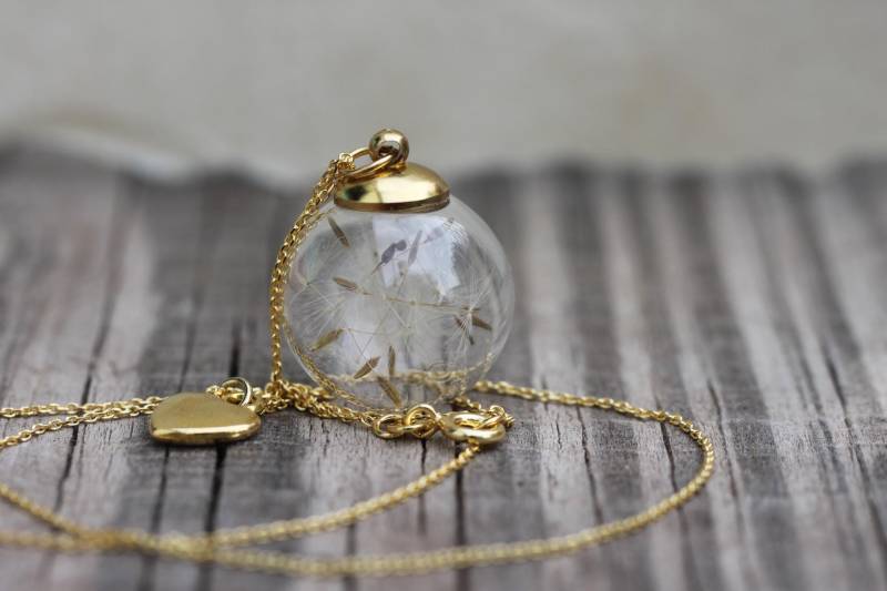 Pusteblumen Kette 925 Sterling Silber Vergoldet Blütenschmuck Glaskugel Schmuck Goldkette Dandelion Necklace Gold Jewellery Glass Ball von VillaRosaSchmuck