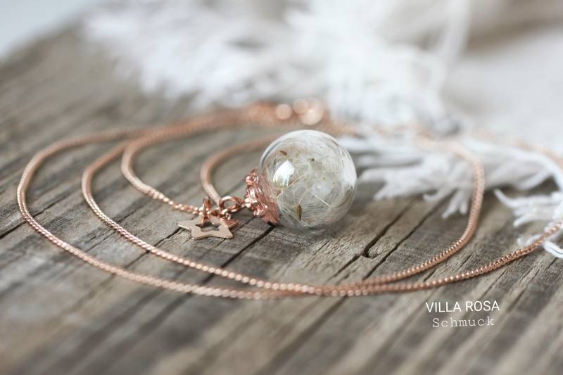 Pusteblumen Kette Mit Glaskugel & Stern - 925 Silber 24K Rosegold Vergoldet Naturschmuck Handgemachter Glücksbringer in Roségold von VillaRosaSchmuck